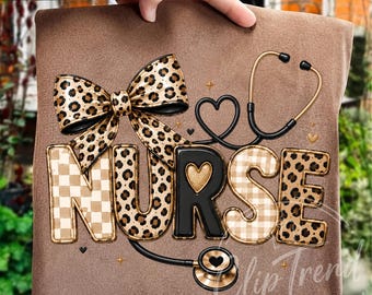 Leopard Nurse Png, RN Medical Nurse Shirt Design, Stethoscope Sublimation, Coquette Bow Nurse Png