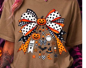 Halloween Bow PNG, Pumpkin Bow Sublimation Design, Spooky Halloween Shirt Design, Checkered Polka Dot Digital Download