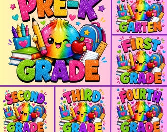 Glitter Dumpling School Bundle PNG, Pre-K to Fourth Grade, Kawaii Back to School Shirt Design,Instant Download