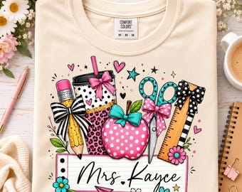 Personalized Teacher Name PNG, Custom Teacher Shirt PNG, Back to School Sublimation Design, Cute Coquette Teacher PNG, Apple Pencil Png