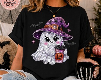 Cute Rhinestone Ghost PNG, Halloween Ghost Sublimation Design, Witch Ghost PNG, Spooky Coffee Ghost, Halloween Shirt PNG