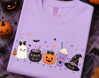Kawaii Halloween PNG, Cute Ghost Pumpkin Coffee Cup Clipart, Witch Hat Sublimation PNG, Spooky Cute Fall Design, Halloween Shirt Graphic