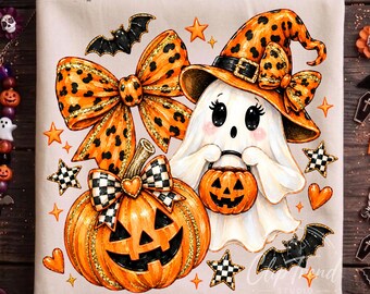 Halloween Ghost Pumpkin PNG, Leopard Bow Halloween Design, Cute Spooky Sublimation, Digital Download