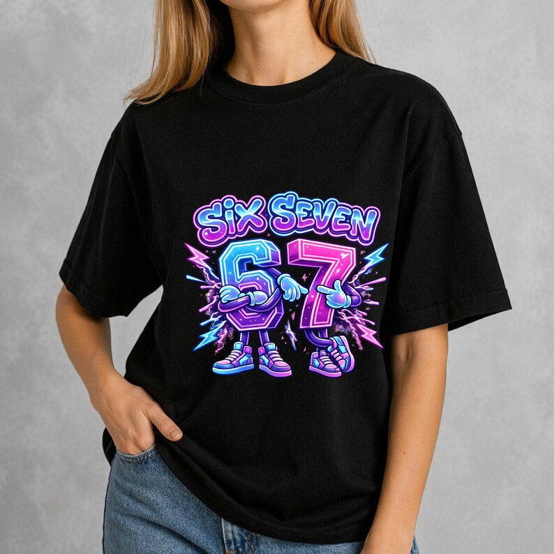 Close-up of funny 67 birthday shirt design in Italian brainrot meme style with bold typography and transparent PNG format