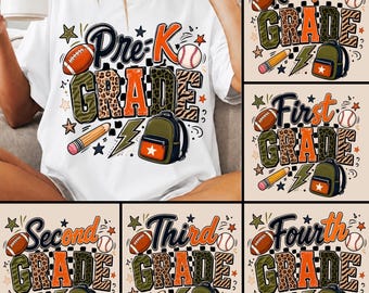 Back to School Grade PNG Bundle, Pre-K to Fourth Grade PNG, Kindergarten School Shirt Design, Sports Teacher Sublimation PNG