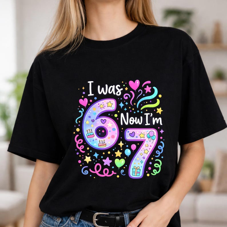 67 birthday design shown on black t-shirt mockup perfect for birthday party shirts and custom gift printin
