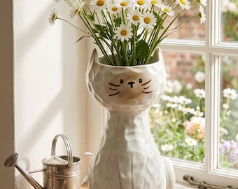 Unique Handcrafted Cat Ceramic Vase, Funny Daisy Planter Pot, White Cat Lover Keepsake Gift, Kawaii Table Centerpiece