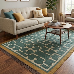 May include: A rectangular area rug featuring a deep teal background with a repeating cream-colored geometric pattern. The rug is bordered by a solid mustard yellow band and finished with short, dark brown fringe along the shorter edges.