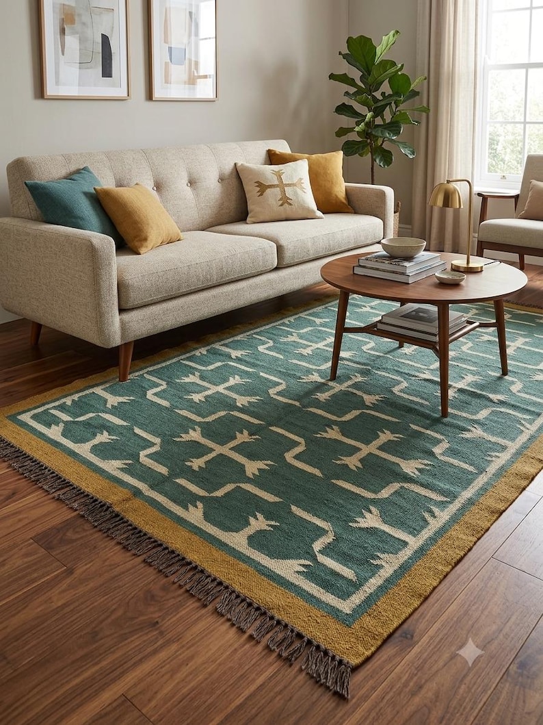 May include: A rectangular area rug featuring a deep teal background with a repeating cream-colored geometric pattern. The rug is bordered by a solid mustard yellow band and finished with short, dark brown fringe along the shorter edges.