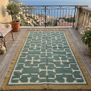 May include: A rectangular area rug featuring a teal green field with a repeating white geometric pattern of crosses and interlocking lines. The rug is bordered by a solid mustard yellow band and finished with short gray fringe on both ends.