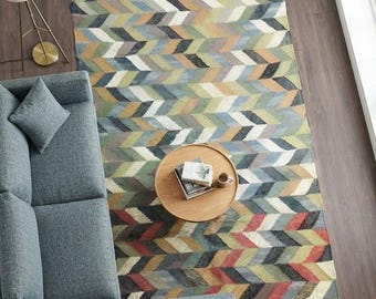 Tappeto Kilim in lana e iuta fatto a mano, tappeto a spina di pesce con motivo chevron, tappeto Dhurrie geometrico moderno in stile boho a tessitura piatta, tappeto colorato tessuto a mano per soggiorno