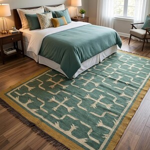 May include: A rectangular area rug featuring a teal green base with a repeating cream-colored geometric pattern and a solid mustard yellow border. The rug is finished with short, dark-toned fringe along the edges, providing a textured appearance.