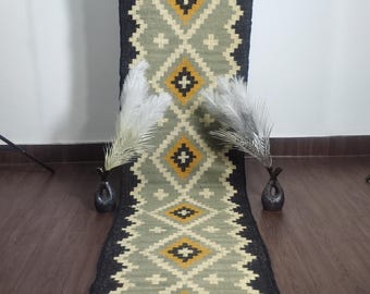 Boho Kilim Runner – Handwoven Wool Jute Hallway Runner, Southwestern Runner Rug, Tribal Flatweave Runner Rug, Geometric Entryway Runner Rug