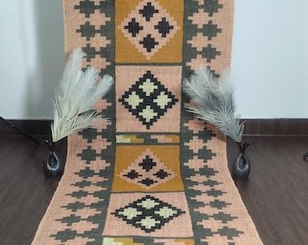 Kilim Runner – Handwoven Wool Jute Boho Area Runner Rug Tribal Flatweave Runner, Rustic Southwestern Geometric Indian Style Kilim Runner Rug