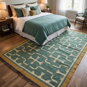 May include: A rectangular area rug featuring a teal green base with a repeating cream-colored geometric pattern and a solid mustard yellow border. The rug is finished with short, dark-toned fringe along the edges, providing a textured appearance.
