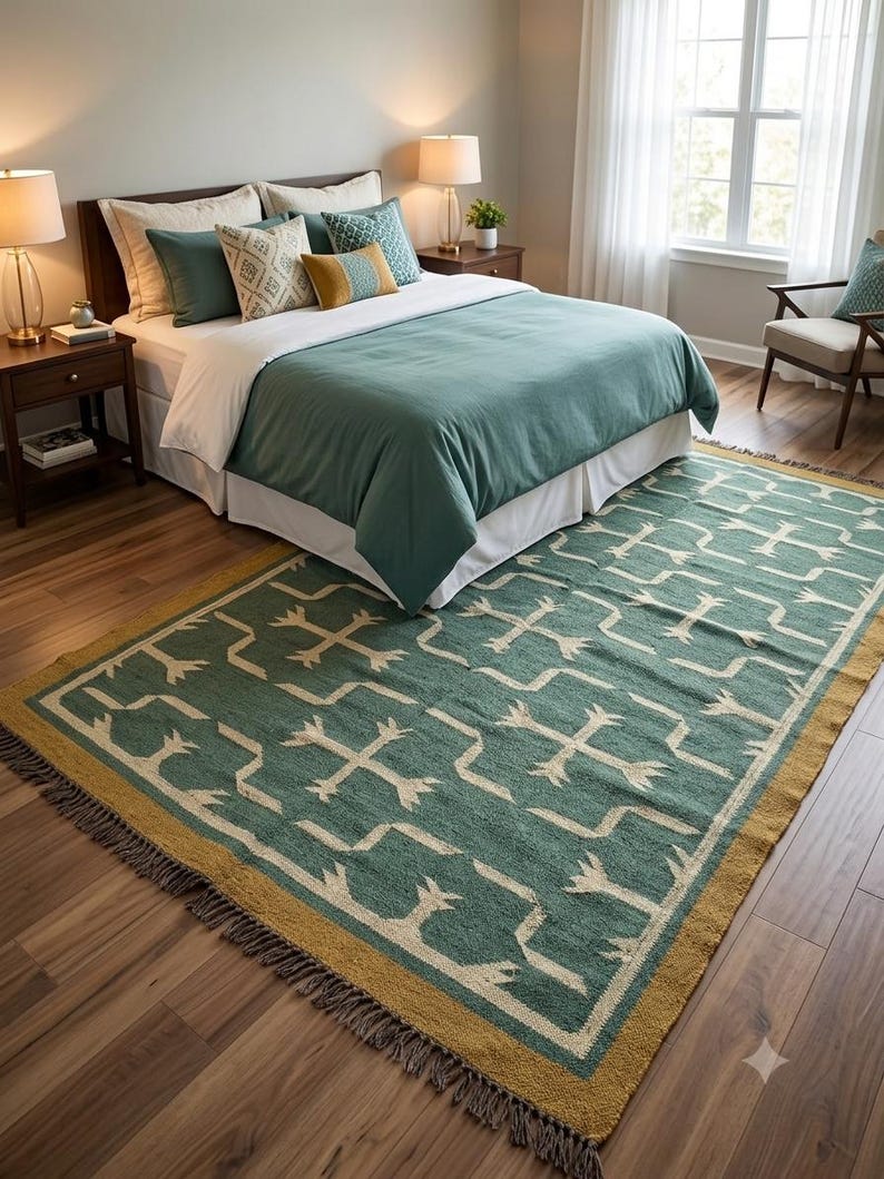 May include: A rectangular area rug featuring a teal green base with a repeating cream-colored geometric pattern and a solid mustard yellow border. The rug is finished with short, dark-toned fringe along the edges, providing a textured appearance.