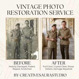 May include: Image showcasing a vintage photo restoration service. The image is split, with a damaged, faded photo labeled "BEFORE" and a restored, color-corrected photo labeled "AFTER." Text reads "VINTAGE PHOTO RESTORATION SERVICE" and "BY CREATIVESAURASTUDIO."