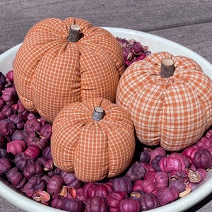 Primitive Fall Halloween Orange and Tan Homespun Pumpkin Ornies, 3 Diff Sz