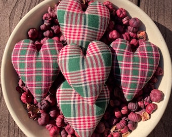 Primitive Christmas Plaid Flannel Heart Ornies, Bowl Fillers