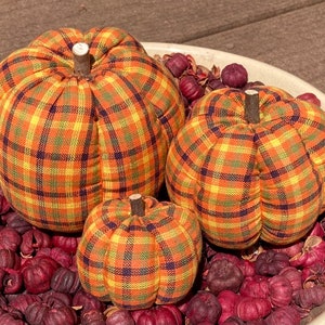 Primitive Fall Halloween Bright Multi Color Plaid Pumpkin Ornies, 3 Diff Sizes