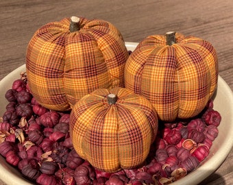 Primitive Fall Halloween Multicolor Homespun Pumpkin Ornies 3 Diff Sz