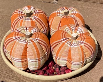 Primitive Fall Halloween Orange Tan White Homespun Pumpkin Ornies, Set of4