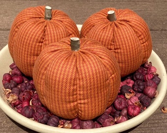 Primitive Fall Halloween Orange Houndstooth Homespun  pumpkin Ornies, Set of 3