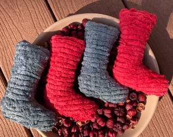 Primitive Christmas Hand Dyed Chenille Stocking Ornies, Set of 4