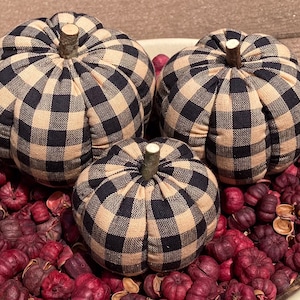 Primitive Fall Halloween Black & Tan  Check Homespun Pumpkin Ornies, 3 Diff