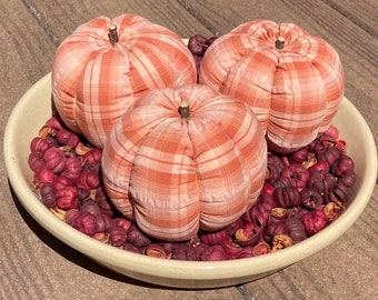 Primitive Fall Halloween Light Orange Dark Orange Plaid Pumpkin Ornies, Set of 3