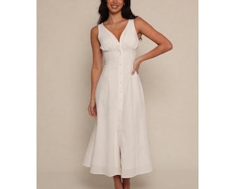 Elegant White Midi Dress for Women, Sleeveless Button Front Dress, Summer A-Line Dress, Minimalist Bridal Shower Outfit Gift for him