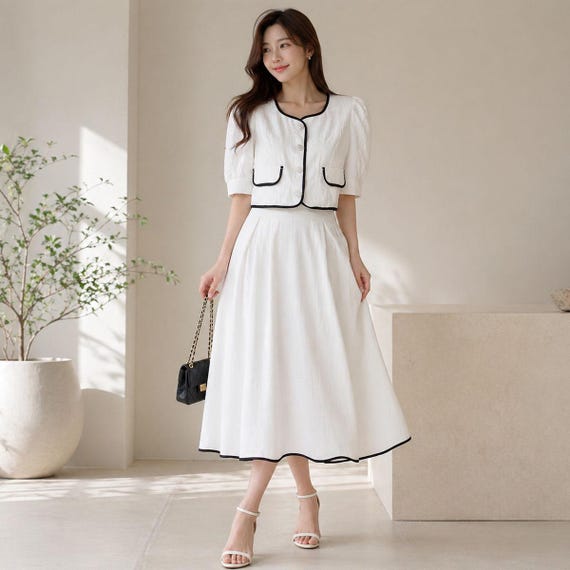dress set korean style White Tweed Two Piece Set, Vintage Jacket and Dress, Fashion Outfit Gift for Him Style_aline