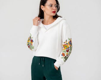 White Floral Embroidered Hoodie for Women – Colorful Folk Embroidery Sweatshirt – Cozy Oversized Hoodie with Sleeve Embroidery