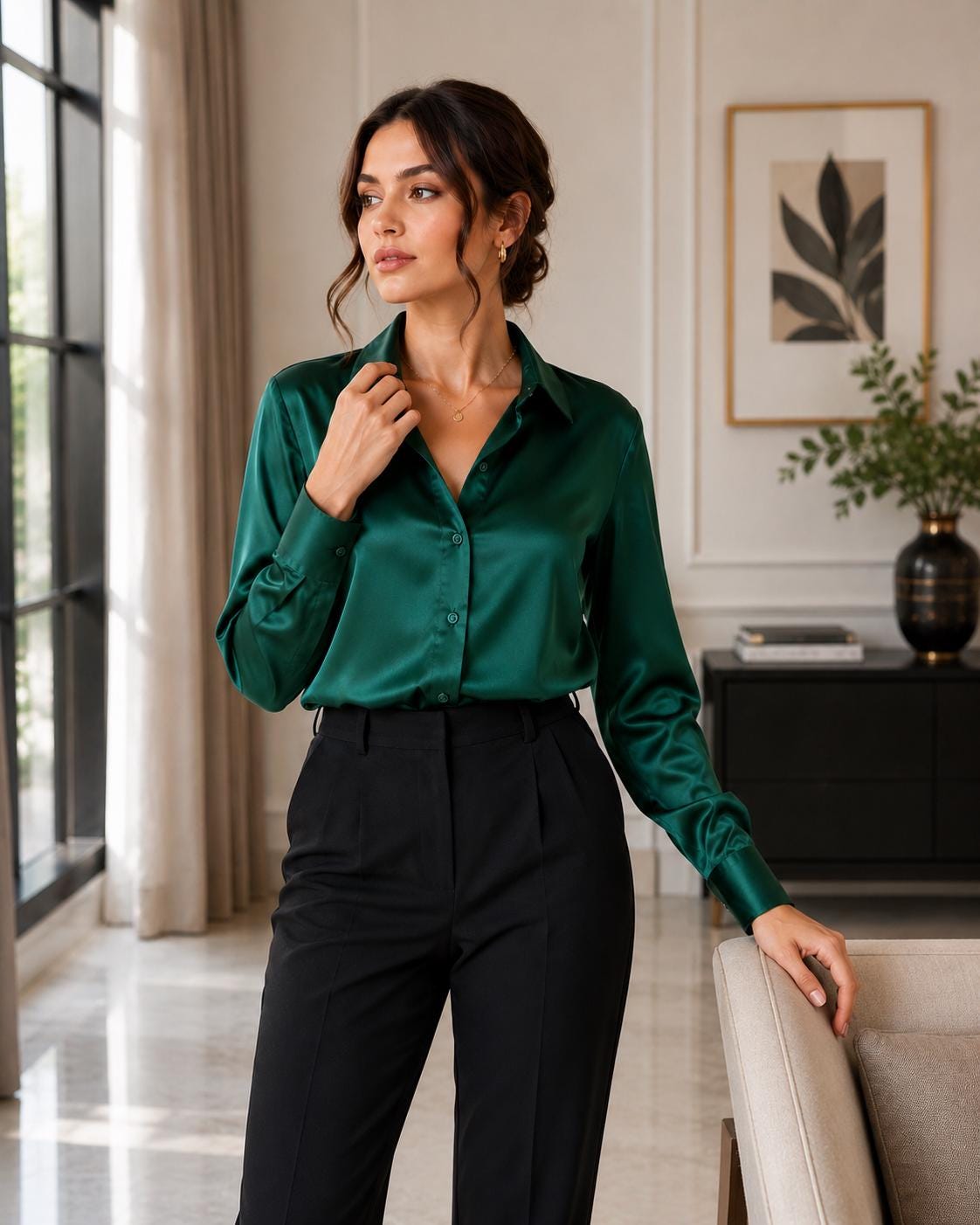 Blumine Emerald Green Silk Tops For Women Emerald Green Satin Blouse