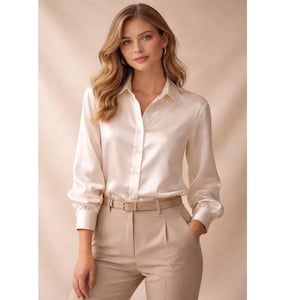 Elegant Ivory Silk Satin Blouse Women Button Down Shirt Office Wear Formal Minimalist Long Sleeve women silk blouse Gift for him.