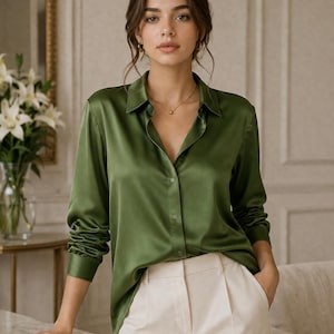 May include: A long-sleeved olive green button-down shirt made of a smooth, satin-like fabric with a classic collar and buttoned cuffs, paired with light beige trousers featuring a visible front seam and a structured waistband design.
