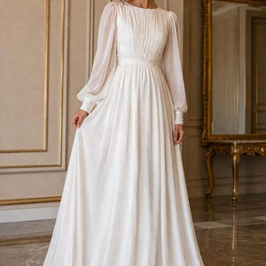 long sleeve bridal shower dress Zapaka Women Simple Ivory Engagement A-Line Satin Sleeves Midi Wedding Reception Dress, Ivory / US16W a slightly off Long Sleeve Modest Bridal Shower