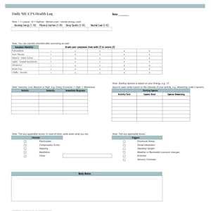 Op de afbeelding: Een wit papier met de titel "Daily ME/CFS Health Log" met secties voor het volgen van energieniveaus, symptomen en dagelijkse activiteiten. Bevat checklists en ruimte voor notities. Ideaal voor gezondheidsmonitoring.