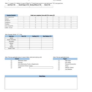 Puede incluir: Un registro diario imprimible de artritis reumatoide en papel blanco con encabezados azules. El registro incluye secciones para el dolor articular, la fatiga, la rigidez y el estado de ánimo, junto con listas de verificación de síntomas y notas diarias.