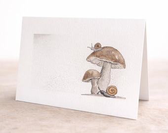 Hand painted, watercolour, card, NOT A PRINT. Featuring mushrooms and snails. <3