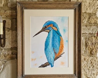 Kingfisher Painting, A4 Original Bird Art, Unframed Wildlife Illustration, not a print. Watercolour.