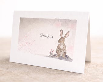 Hand painted, watercolour, original, card (NOT A PRINT). Featuring a bunny. <3