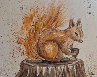 Hand painted original (NOT A PRINT) card. featuring a Squirrel. <3