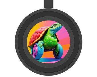 Base de carga inalámbrica con forma de tortuga colorida sobre ruedas / Cargador Qi con forma de tortuga arcoíris