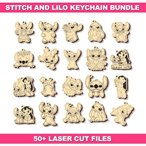 50 llaveros de Stitch y Lilo cortados con láser en formato SVG, paquete de archivos SVG de Lilo y Stitch, llaveros de juguetes lindos cortados con láser en formato SVG, archivo de corte láser de Lilo y Stitch