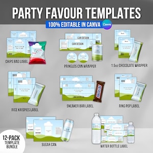 May include: Party favor templates with various designs, including labels for chips bags, Pringles cans, chocolate wrappers, Rice Krispies, Snickers, Ring Pops, sugar cans, and water bottles. The text says "100% Editable in Canva."