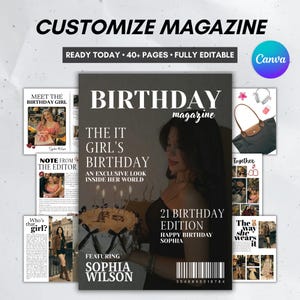 May include: A magazine cover with the title "BIRTHDAY magazine" featuring a woman holding a cake. The cover includes the text "21 BIRTHDAY EDITION" and "HAPPY BIRTHDAY SOPHIA". Additional pages are visible, with the text "CUSTOMIZE MAGAZINE".