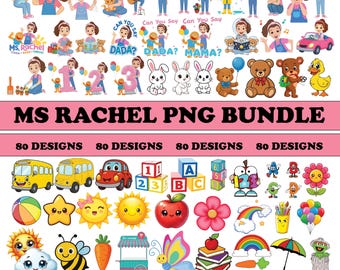 Fräulein Rachel digitale Png-Bilder, Clipart-Dateien, Fräulein Rachel Cake Topper PNG, Regenbogen-Geburtstagskind PNG, DIY Party Dekor (Digitaler Download)