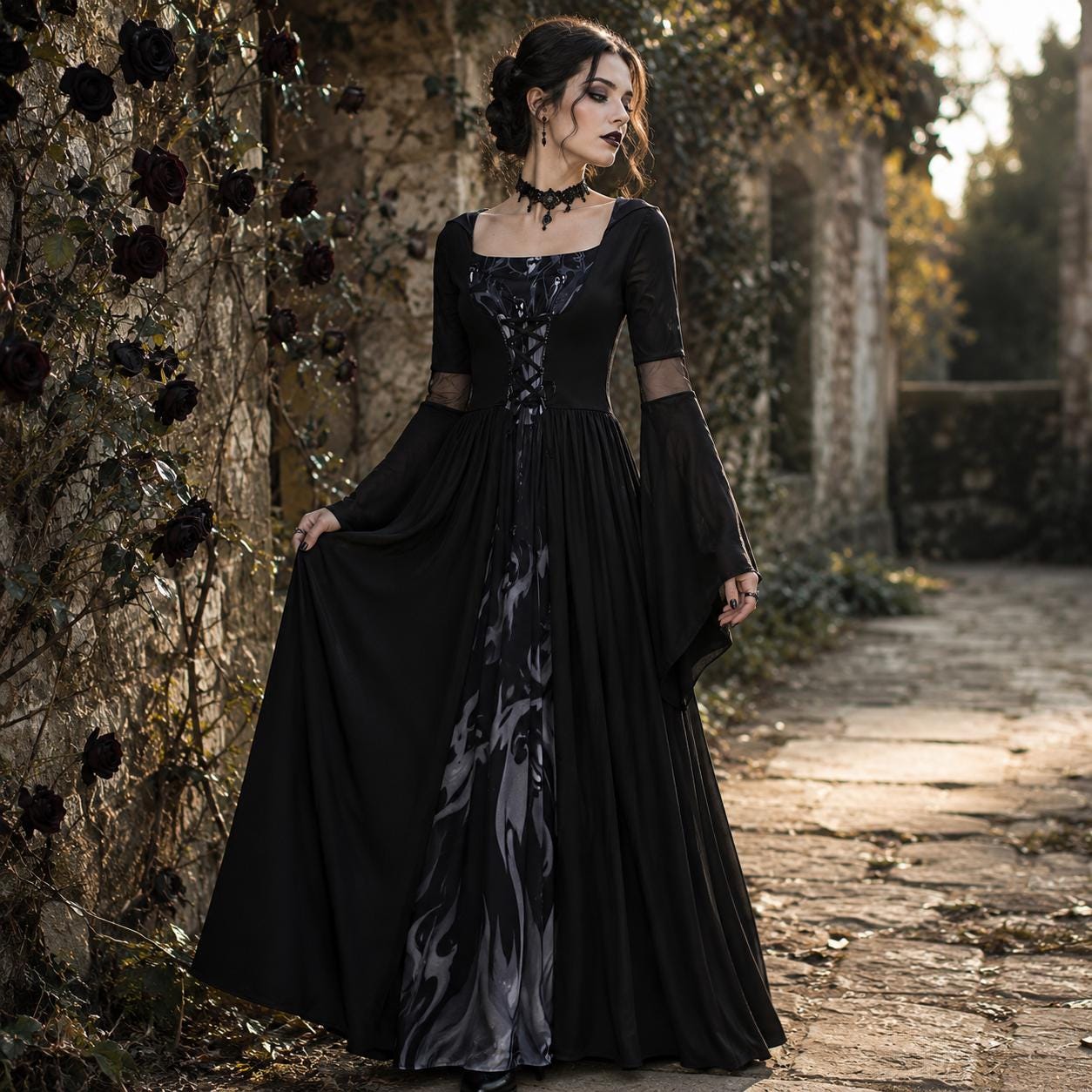 long black dress witchy Maxi Witch Color:05 Green Print *These charts are for color_Yellow Arielle Romantic A-Line Wedding