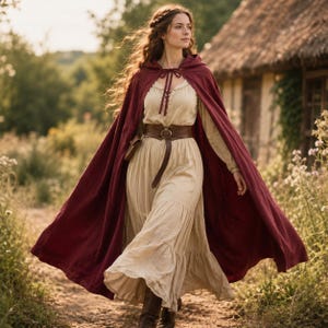 May include: A long, deep red hooded cloak worn over a beige, long-sleeved, tiered dress. The outfit includes a wide brown leather belt with a circular buckle and a small attached pouch, creating a layered look with a tied closure at the neck.